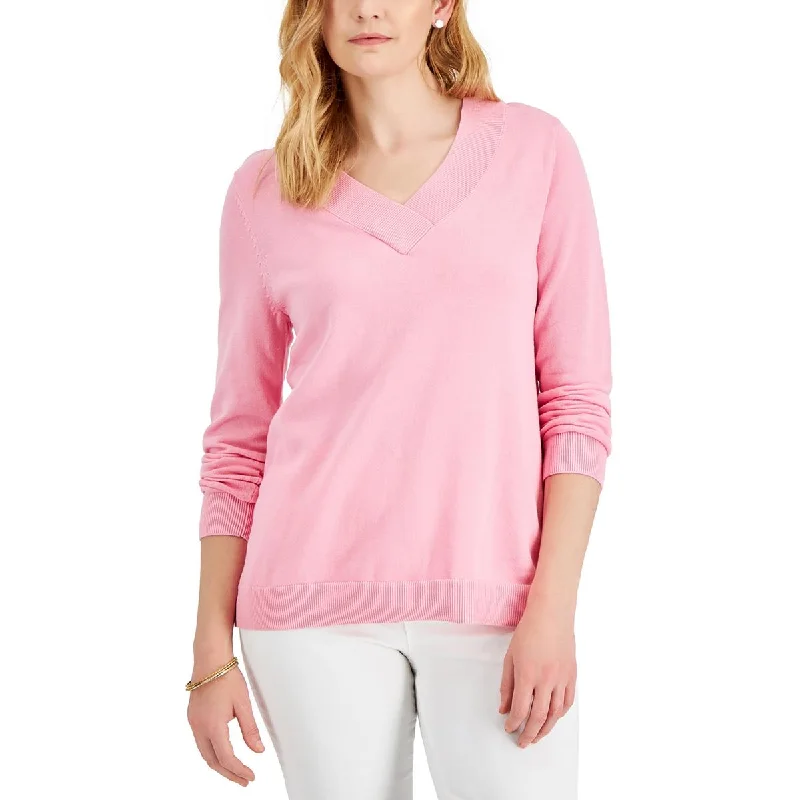 Womens Ribbed Trim Pullover V-Neck Sweater Ribbed Striped Patterned