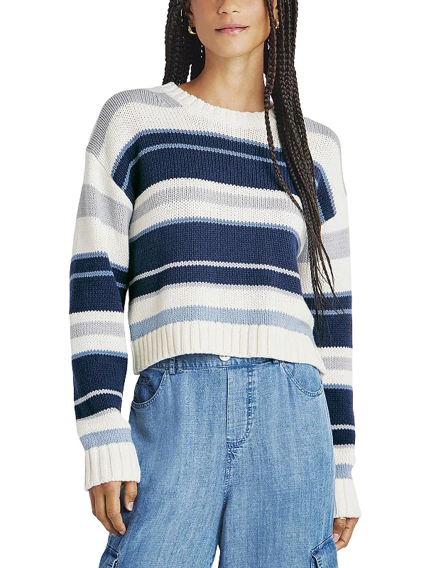 Womens Ribbed Trim Striped Crewneck Sweater Notch Collar Peter Pan Collar Cowl Neck