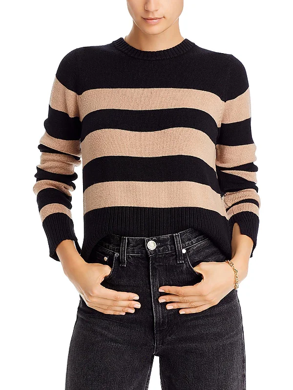 Womens Ribbed Trim Striped Crewneck Sweater Fleece Sweater Nylon Polyester