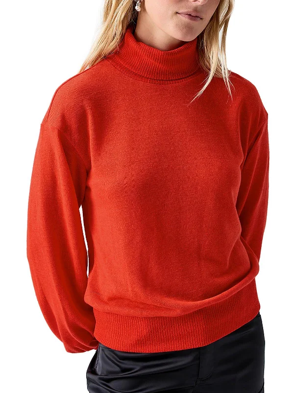 Womens Ruched Ribbed Trim Turtleneck Sweater Silk Blend Satin Velvet