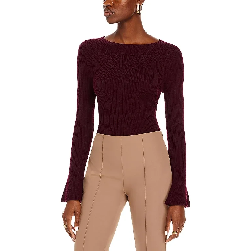 Womens Scoop Neck Ribbed Trim Pullover Sweater Spandex Rayon Corduroy