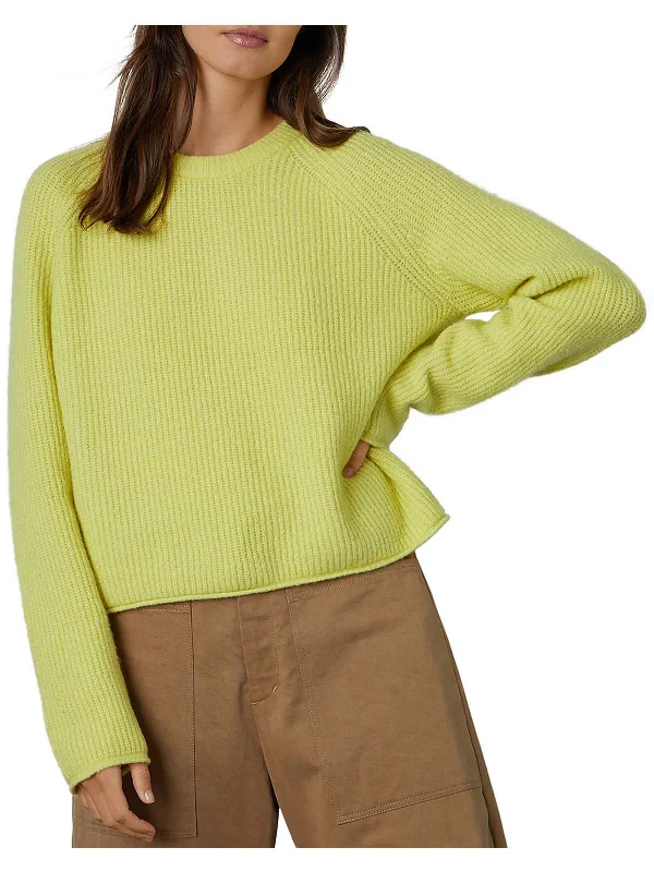 Womens Shaker Knit Rolled Hem Crewneck Sweater Welt Pockets Slit Pockets Flap Pockets