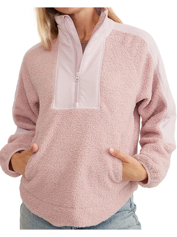 Womens Sherpa 1/2 Zip Pullover Sweater Mesh Blend Leather Blend Suede Blend