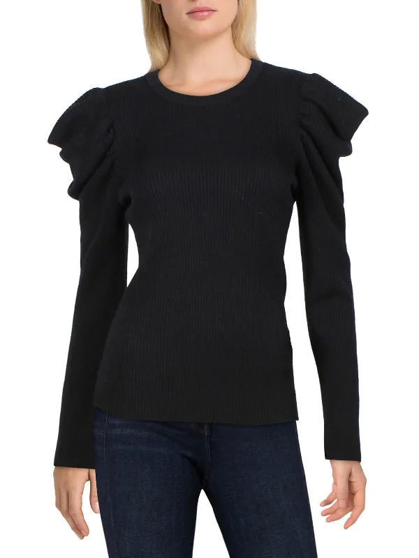 Womens Wool Blend Puff Sleeve Crewneck Sweater Print Jacquard Patchwork