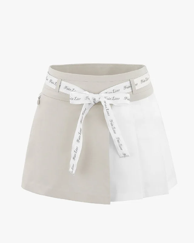 [FINAL SALE] Belt Set Asymmetrical Pleated Skirt - Beige silk skirt luxurious