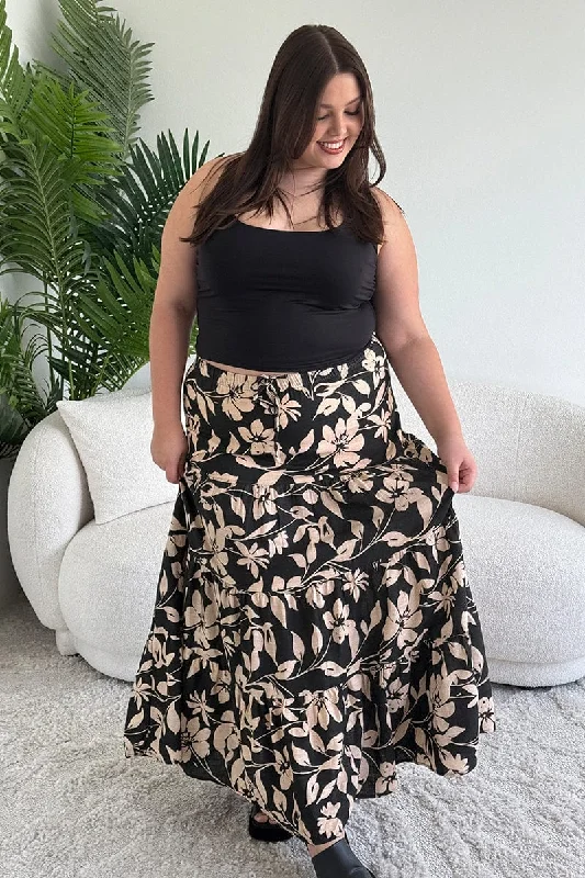 Black Floral Elastic Waist Tiered Maxi Skirt cashmere skirt fine