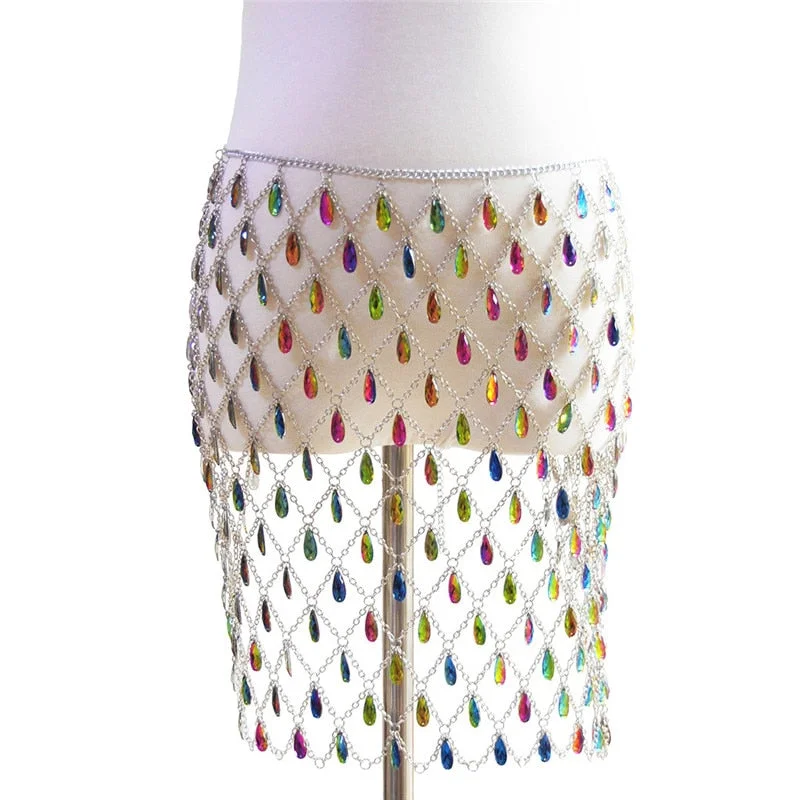 Bling Diamonds Hollow Out Mini Skirts Women Sexy See Through Link Chains Raindrop Rhinestones Skirt Rave Festival Party Clubwear