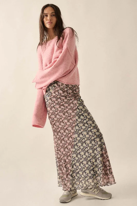 Blooming Up Paneled Floral Mesh Maxi Skirt chiffon skirt airy