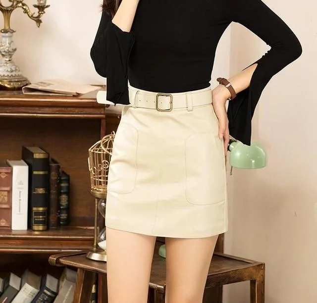 Casual Women's Vintage Autumn High Waist Mini Pencil Beige Skirt with Belt on Clearance maxi skirt elegant