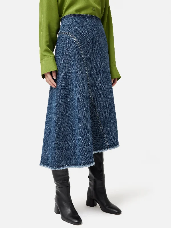 Denim Frayed Midi Skirt | Indigo cashmere skirt soft