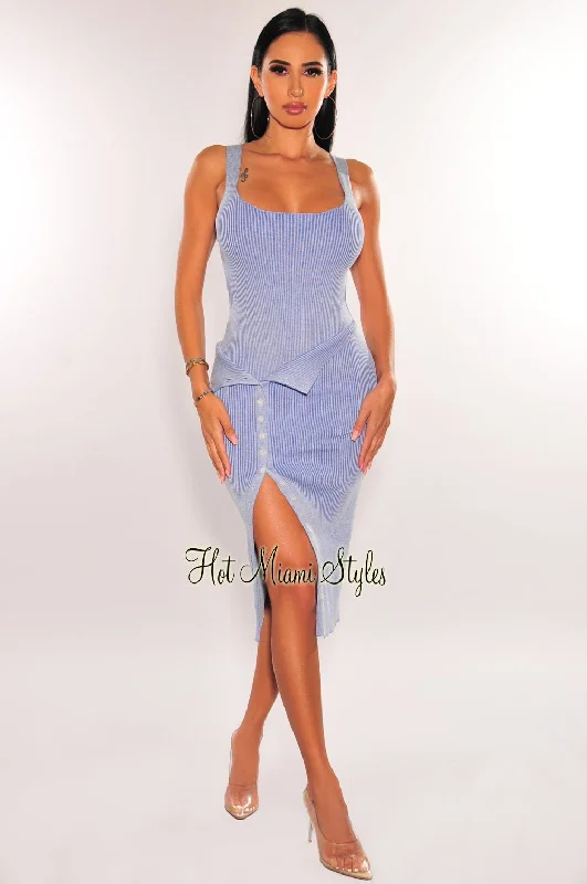 Dusty Blue Ribbed Cut Out Bodysuit Layover Button Up Skirt Two Piece Set