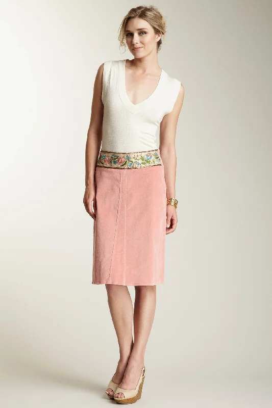 Embroidered Waistband Stretch Velveteen Skirt - Blush leather skirt refined