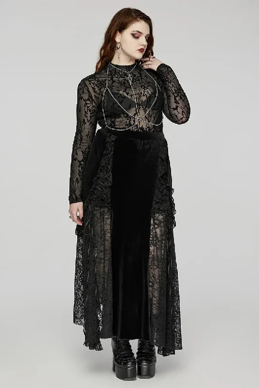 Women's Gothic Staggered Lace Patchwork Ruffled Velvet Gorgeous Party Club Black Long Skirt corduroy skirt cozy