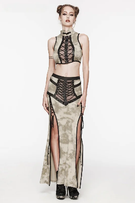 Women's Daily Sexy See-through Mesh Drawstring Rope Slit Gothic Personalized Long Skirt velvet skirt luxury