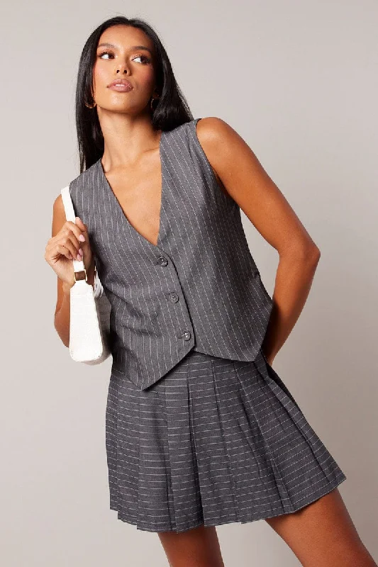Grey Stripe Tennis Skirt Pleated Mini velvet skirt luxury