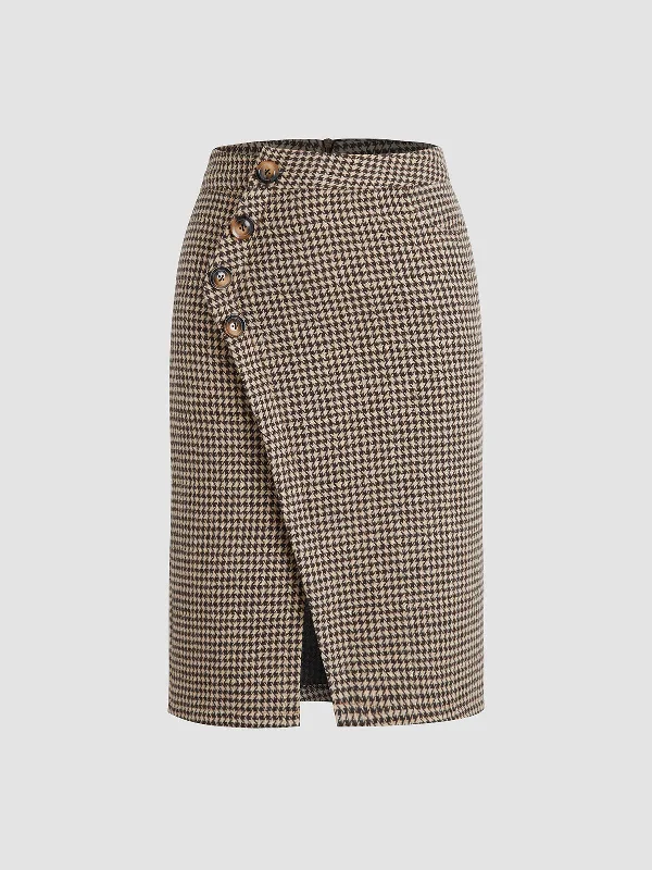 BerryBetty - Houndstooth Side Button Zip Slit Midi Skirt denim skirt classic