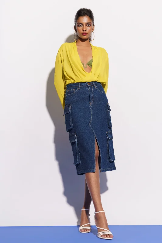 Blue Denim Midi Cargo Skirt With Slit ribbed skirt waist