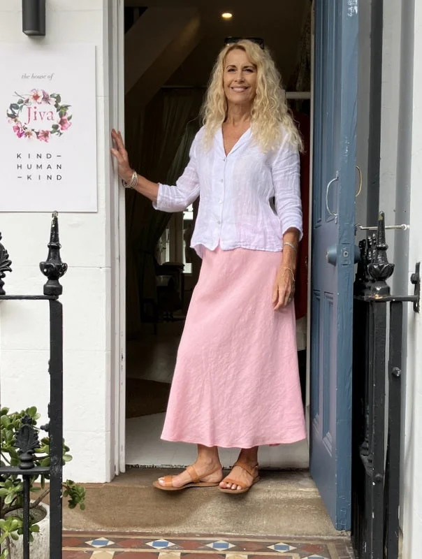 Jiva Midi Linen Prudence Skirt- Candy Pink silk skirt lustrous