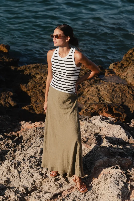 Lagos Soft Khaki Floaty Bias Cut Maxi Skirt wool skirt breathable