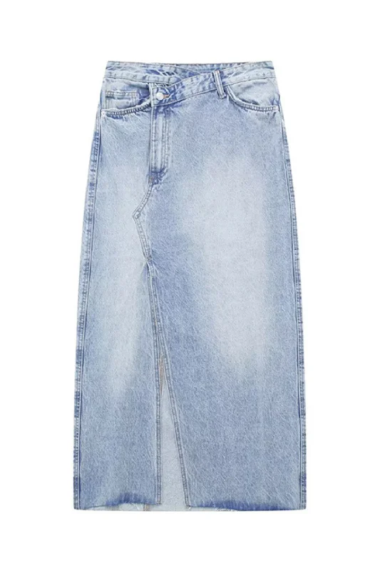 'Lexi' High Waist Washed Denim Front Slit Skirt lace skirt romantic