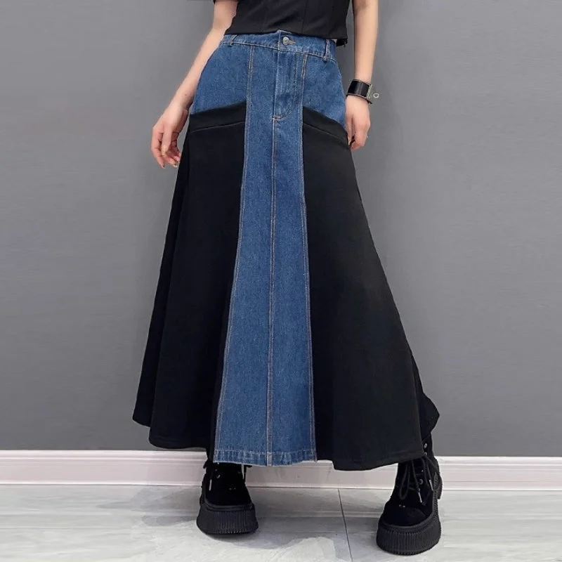 Loose Casual Denim Patchwork A-line Skirt lightweight skirt design