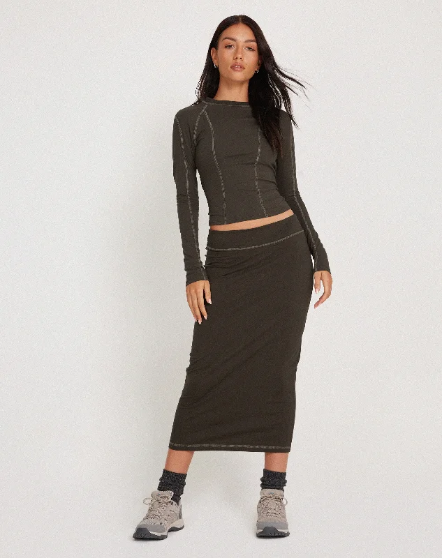 Peka Midi Skirt in Gunmetal with Grey Top Stitch velvet skirt glossy