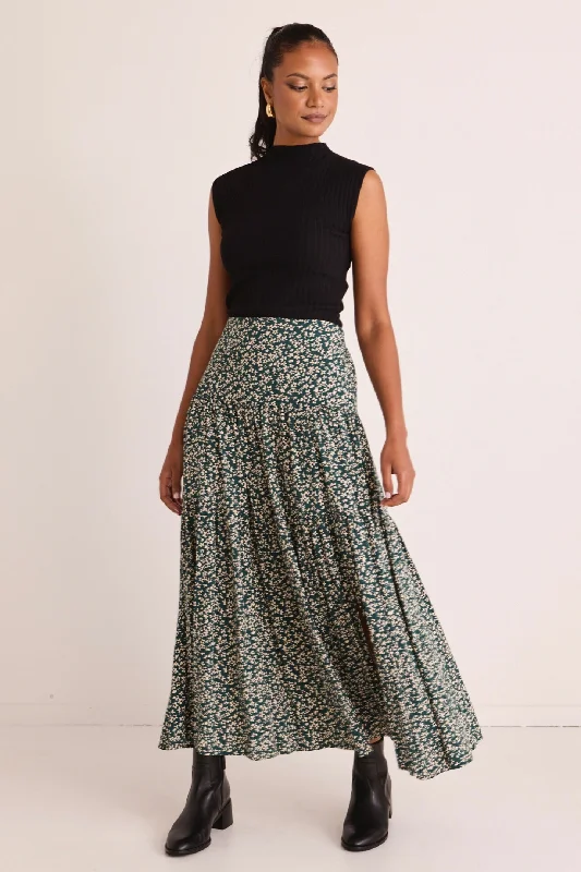 Playful Forest Ditsy Elastic Back Tiered Maxi Skirt silk skirt smooth