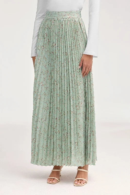 Pleated Floral Maxi Skirt - Sage