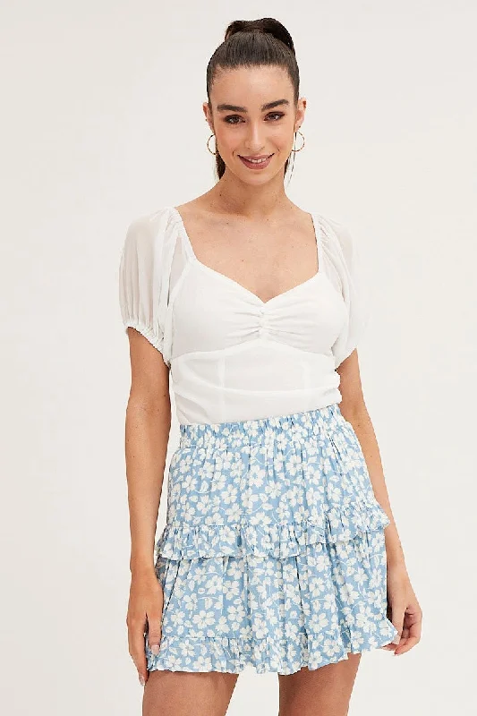Print Elastic Waist Mini Skater Skirt elastic waist skirt