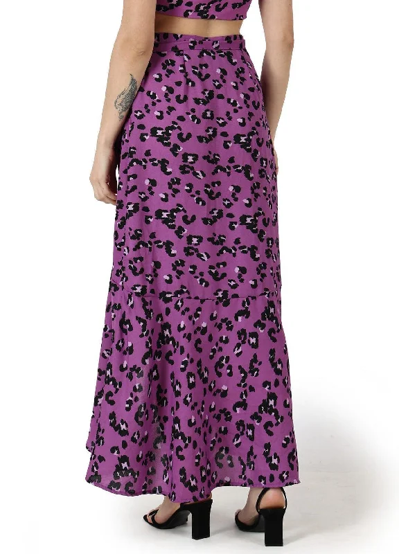 Purple Animal Printed Wrap Around Skirt zip skirt side
