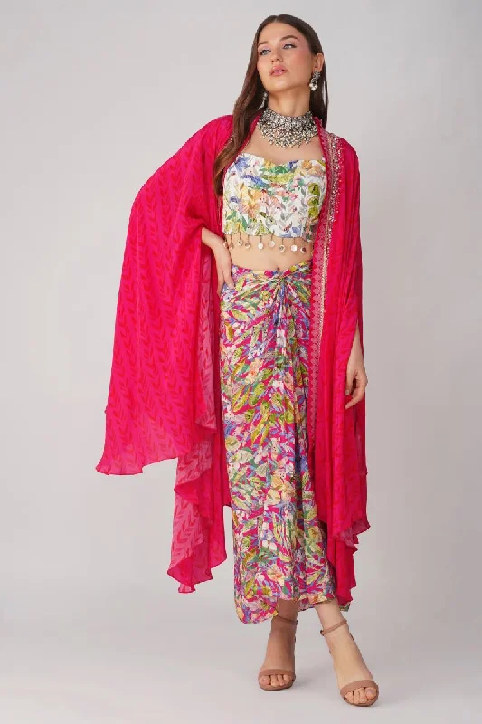 Rani pink multi leaf printed drape skirt set