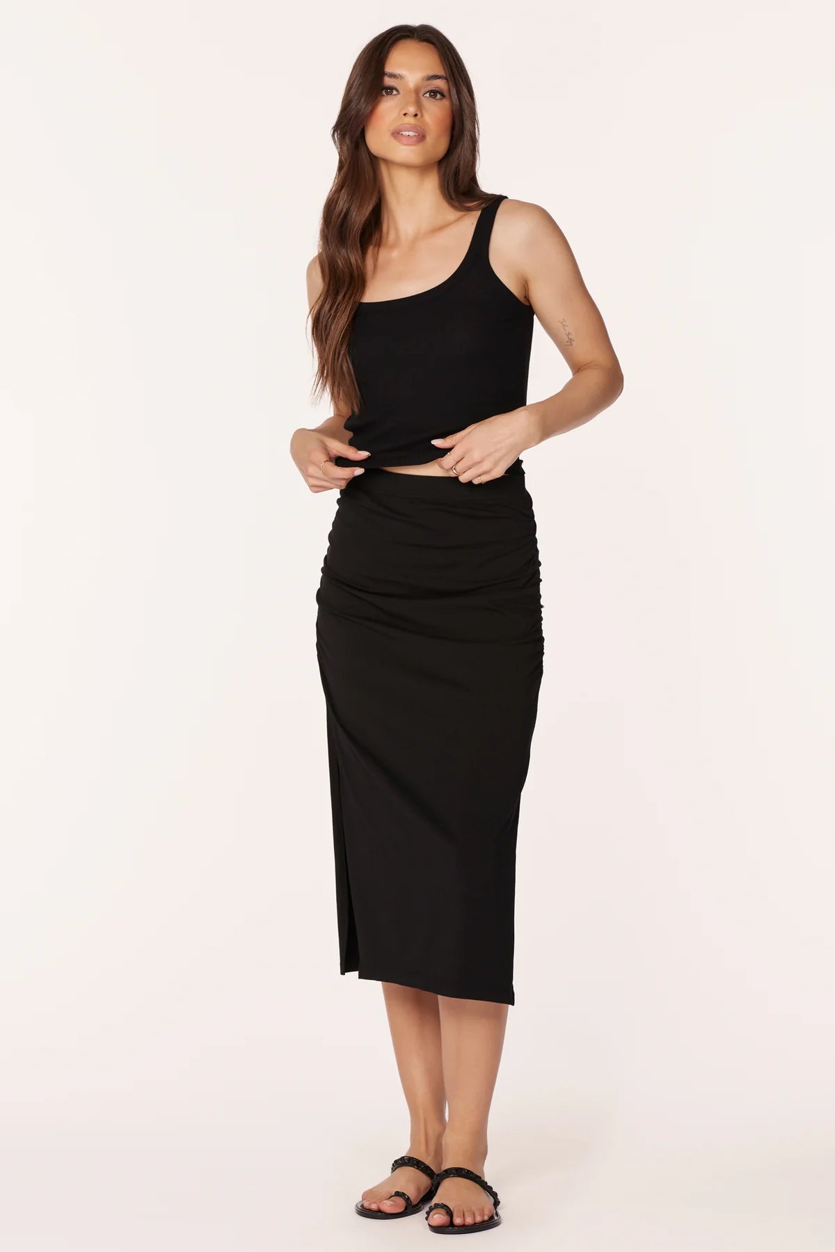 Shirred Midi Skirt with Slits