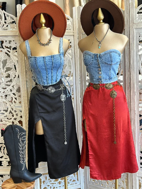 Slit Midi Skirt- Not Stretchy button skirt front