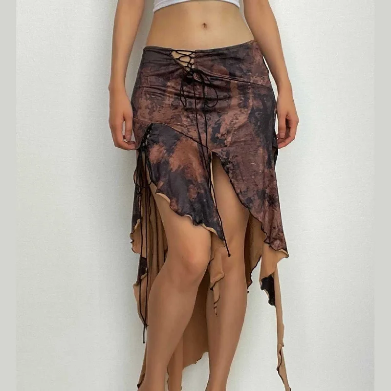 Tie dye irregular self tie slit contrast lace up low rise midi skirt linen skirt airy