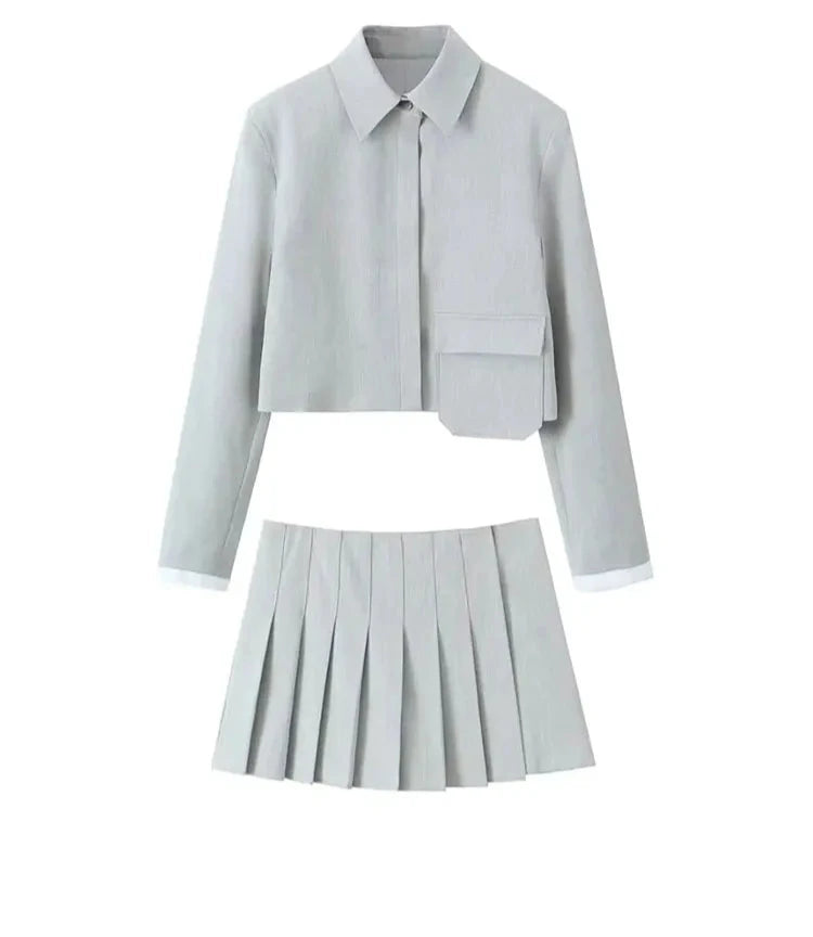 A&A Chic Button Jacket Patch Pocket And Pleated Skirt Set leather skirt refined
