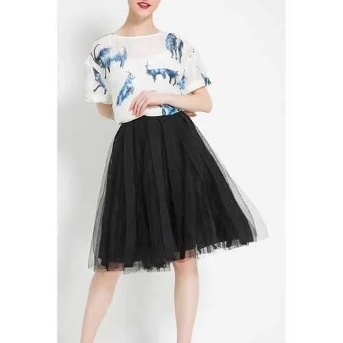 Knee Length Mesh Panel Skirt - Black M velvet skirt luxurious