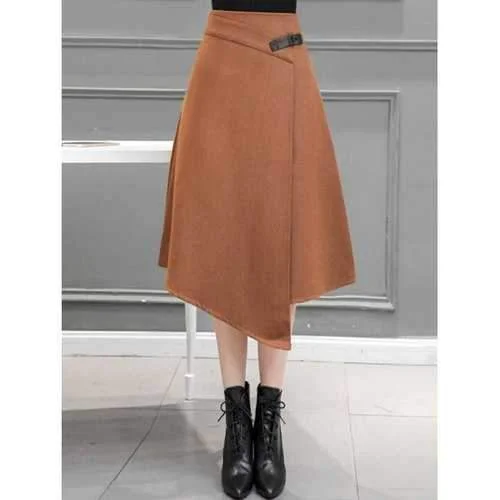 Midi Wool Blend Irregular Skirt - Camel M wool skirt thick