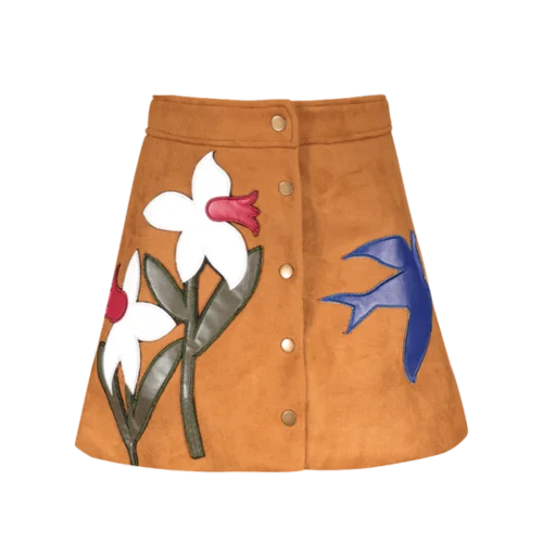 Floral Leather Patch Suede Skirt - Ginger L mini skirt trendy