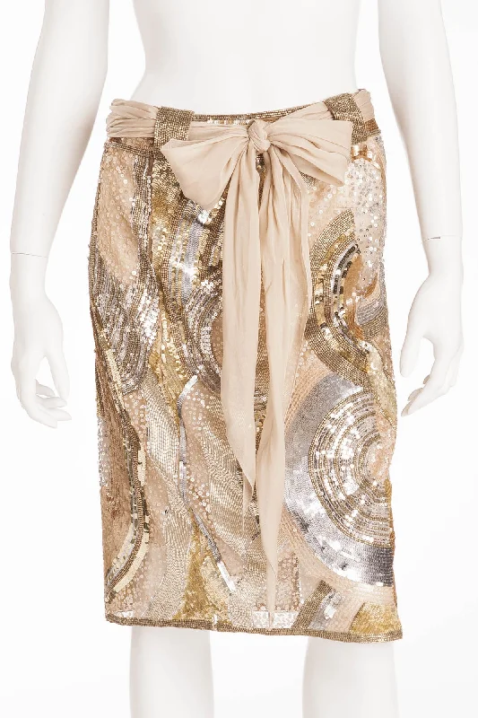 Valentino - IT 40 ,New Cream, Gold and Silver Sequin Pencil Skirt with Chiffon Belt - patchwork skirt art