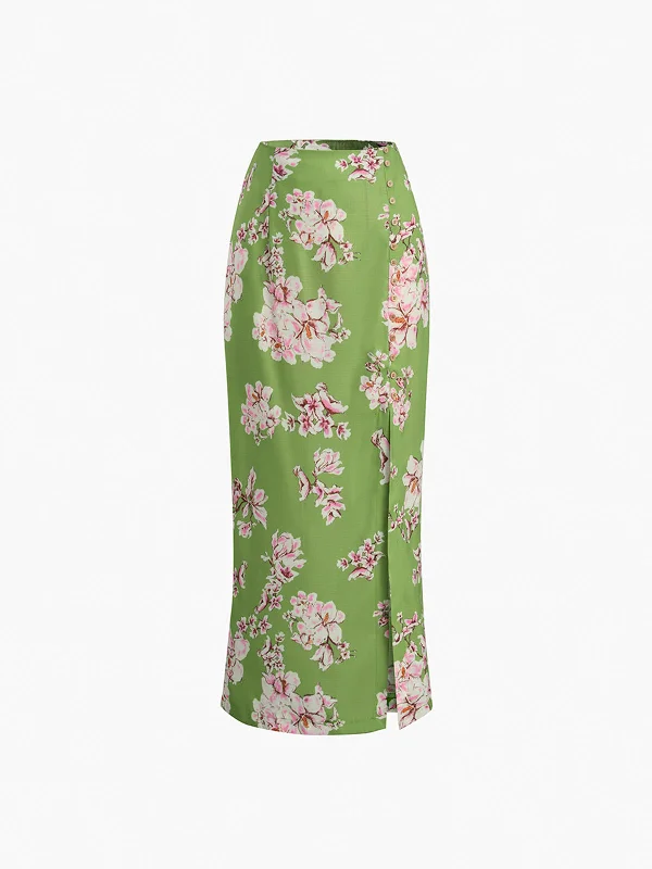 BerryBetty - Vintage Floral Zippered Slit Skirt denim skirt classic