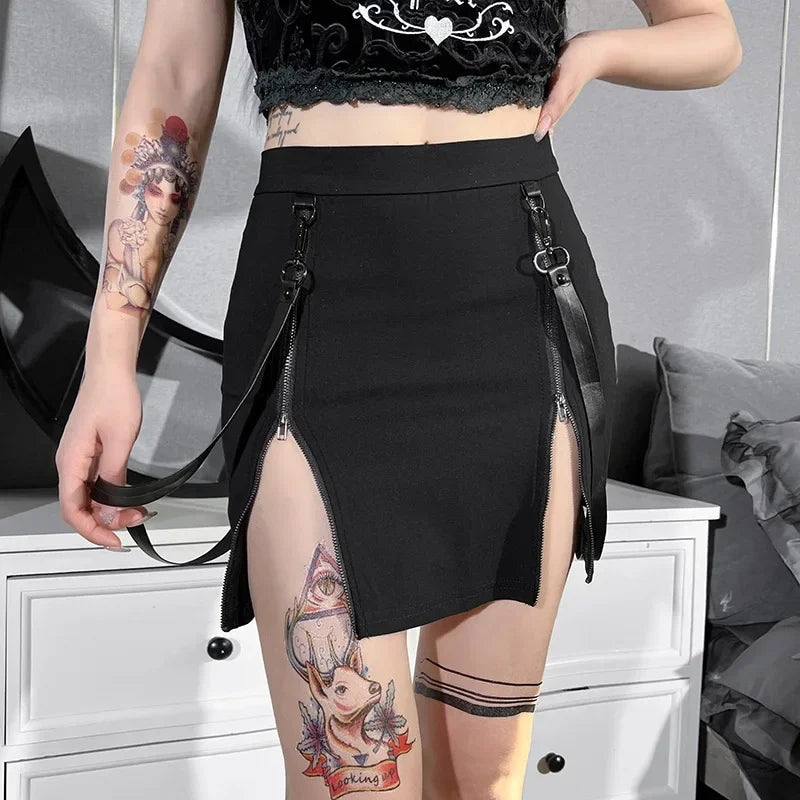 Vintage Y2k Dark Double Zipper Bag Hip Split Gothic Design Tight Harajuku Black Gothic Bag Hip Skirt linen skirt breathable