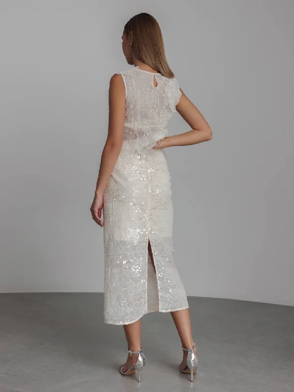White Sequin-Embroidered Midi Skirt wool skirt sturdy