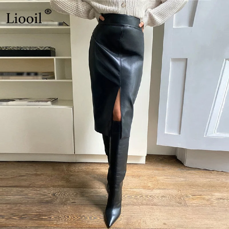 Women Faux Leather Slit Pencil Office Skirt High Waist Black Brown Sexy Bodycon Midi Skirts