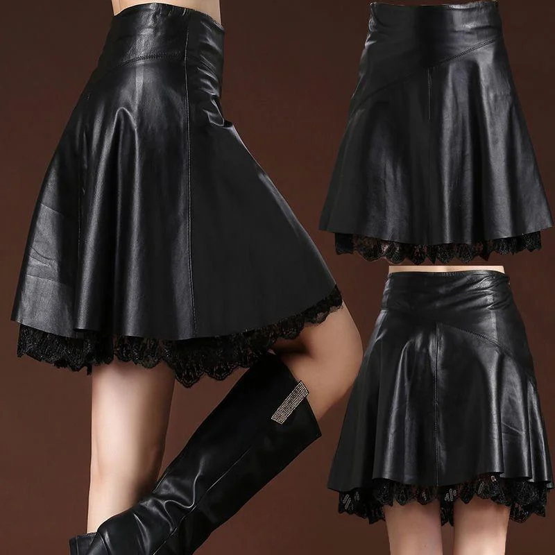 Women's Plus Size Leather Skirt High Waist Sexy Lace Stitching A-line Skirt Autumn Winter Sexy Pleated Skirt chiffon skirt floaty