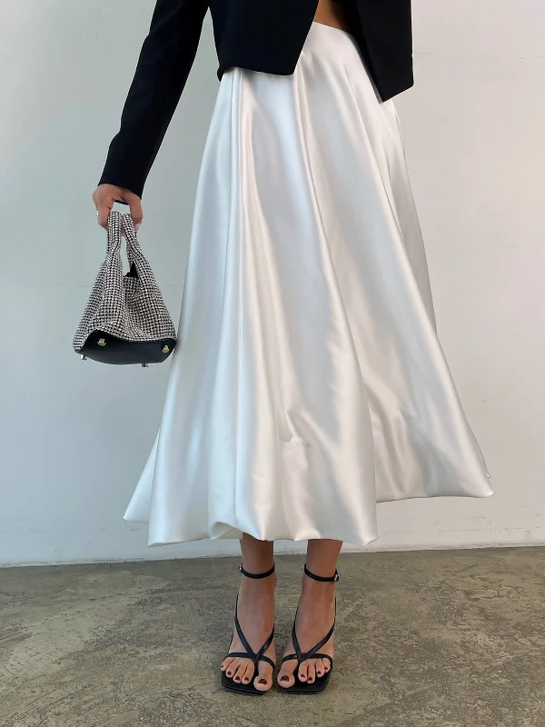 BerryBetty - Zippered Satin A-Line Midi Skirt denim skirt durable