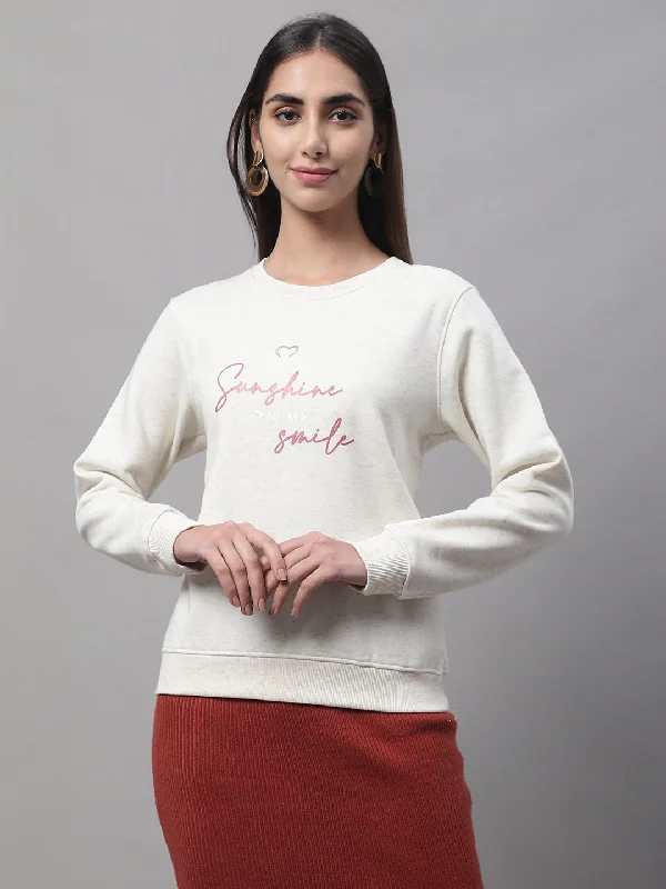 Women Ecru Melange Sweatshirt Hoodie with Hem Contrast Bold Stylish