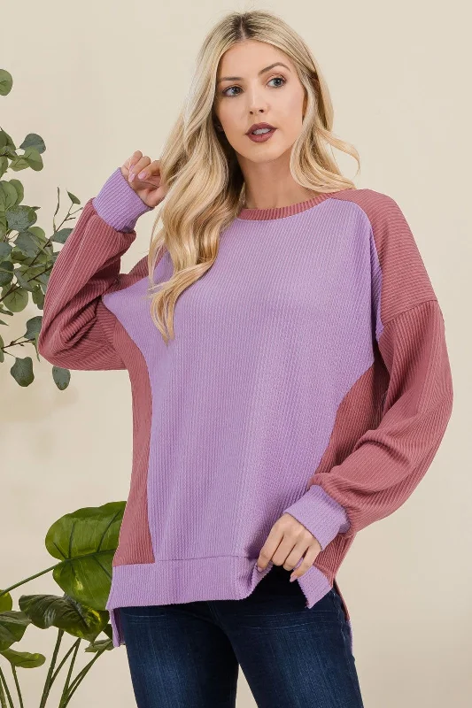 Celeste Full Size High-Low Contrast Round Neck Sweatshirt In Lavender Hoodie with Rhinestones Sparkly Elegant Celeste Full Size High-Low Contrast Round Neck Sweatshirt In Lavender Hoodie with Rhinestones Sparkly Elegant