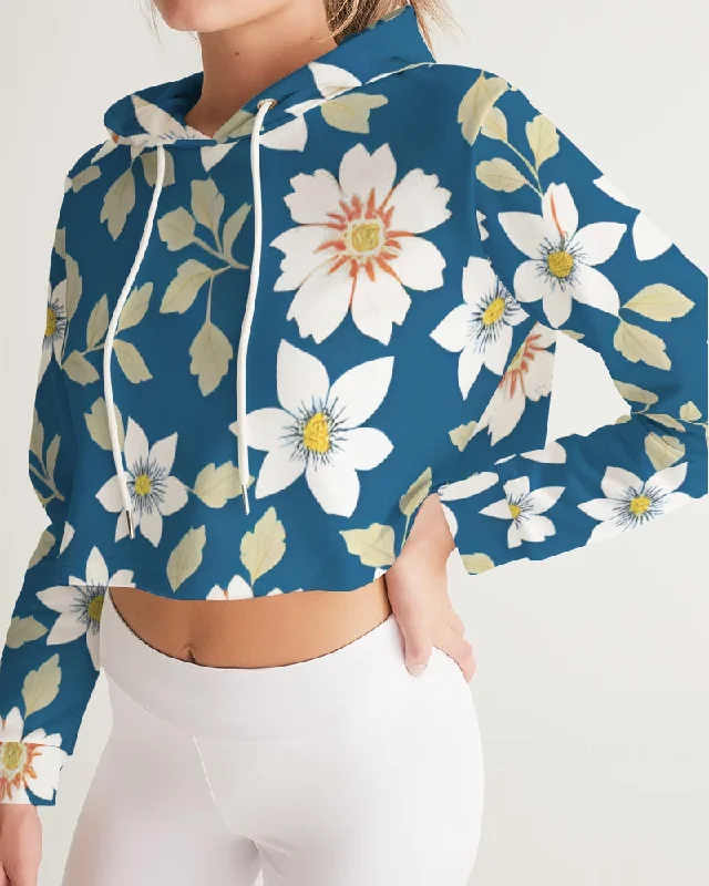 Dark blue background and white flower pattern Women's All-Over Print Cropped Hoodie Hoodie with Metallic Shiny Futuristic Dark blue background and white flower pattern Women's All-Over Print Cropped Hoodie Hoodie with Metallic Shiny Futuristic