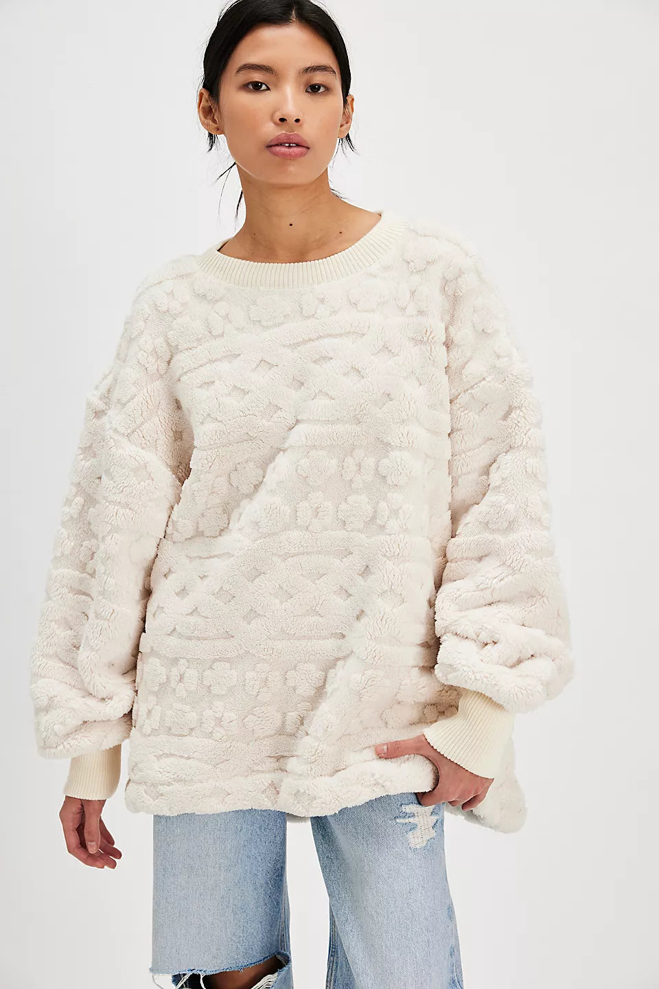 Free People Cable Knit Sweatshirt - IVORY COMBO Cotton Hoodie Fleece Lining Warmth