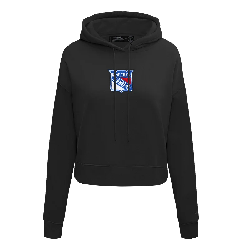 NHL NEW YORK RANGERS CLASSIC WOMEN'S FLC CROPPED PO HOODIE (BLACK) Hoodie with Batwing Sleeves Loose Dramatic NHL NEW YORK RANGERS CLASSIC WOMEN'S FLC CROPPED PO HOODIE (BLACK) Hoodie with Batwing Sleeves Loose Dramatic